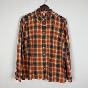 Duluth Trading Shirt Womens XL Gold Orange Plaid Flannel Outdoors Free‎ Swinging
